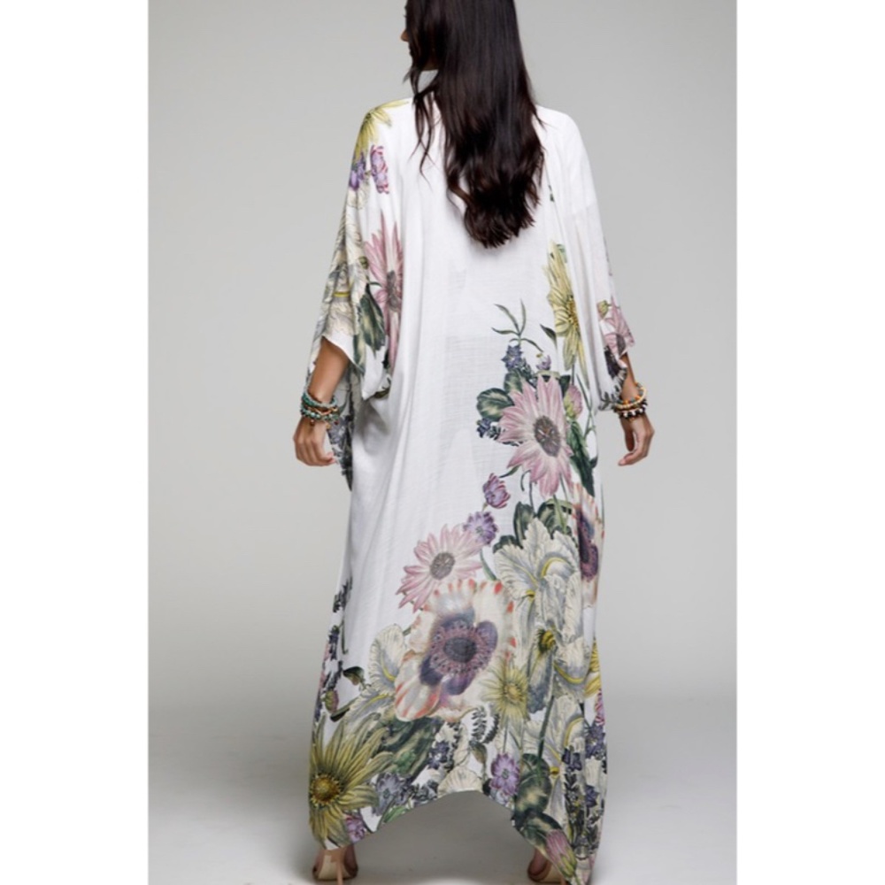 Aurelia Floral Motif Flower Sheer Kimono Long Maxi Open Duster Wrap Coverup - Picture 9 of 9